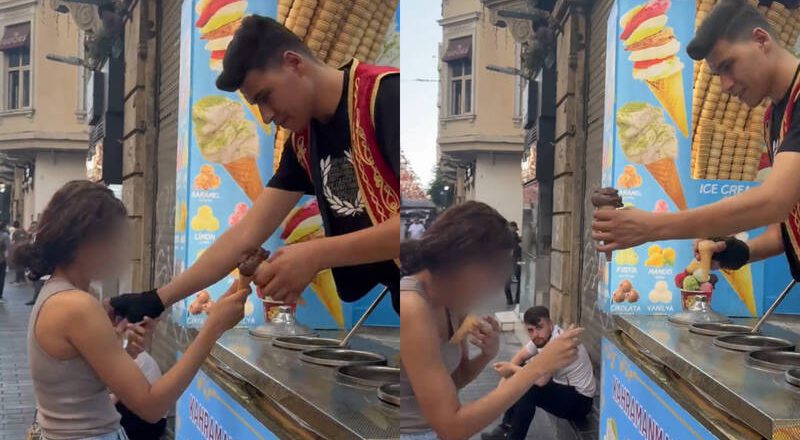 扯！土耳其冰淇淋攤販將甜筒插入女遊客「乳溝」 下場慘了